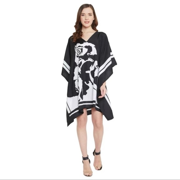 Floral Black & White Short Kaftan Tunic Kimono Cover Up Shirt Dress - Picture 5 of 12